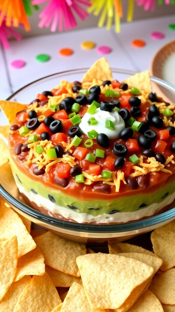 A colorful 7 layer dip with layers of beans, guacamole, sour cream, salsa, cheese, olives, and green onions, served with tortilla chips.